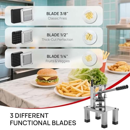 ARINOO Commercial French Fry Cutter and Vegetable Dicer with 3 Stainless Steel Blades – 3/8", 1/2", 1/4" – Heavy Duty Stainless Steel Potato Slicer for Home and Restaurant Use - Thumbnail 3
