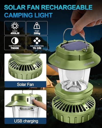 2-Pack Camping Lantern with Fan, Rechargeable Solar LED Waterproof USB Output Hanging Light Camping Essentials Survival Kits for Indoor Outdoor Home Emergency Light Power Outages (4 Light Modes) - Thumbnail 2