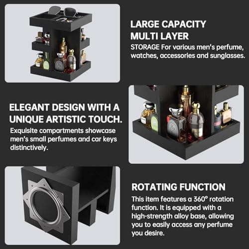 VLXXOI Cologne Organizer for Men Rotating Bathroom Counter Organizer, 3-Tier Solid Wood Storage Caddy, 360-Degree Rotating Stand, Burlywood (Black) - Thumbnail 2