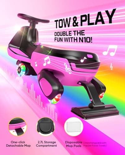 FanttikRide N10 Classic Electric Wiggle Car with Pedal, Type-C Rechargeable Battery, One-Click Detachable Mop, GlideWiz, Anti-Rollover, Flashing Wheels, Bluetooth, for Ages 3 and Up, 150 Lbs, Pink - Thumbnail 2