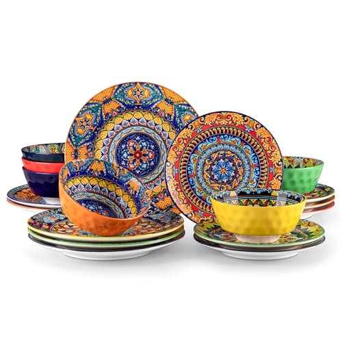 vancasso 18 Pieces Plates and Bowls Set, Bohemian Style Dinnerware Sets Service for 6, Porcelain Boho Dishes Set for Kitchen, Housewaring Gift, Dishwasher and Microwave Safe, Series KRVI