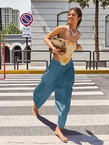 COCOMARTS Womens Linen Wide Leg Palazzo Pants Casual Loose Elastic Drawstring Flowy Pant 2025 Fall Travel Baggy Harem Pants with Pocket Lake Blue Large - Thumbnail 2