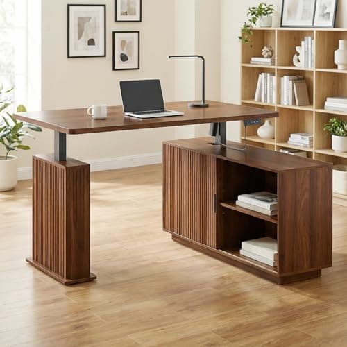 Electric L Shaped Standing Desk with Storage, 55 x 47 Inch Mid Century Modern Corner Sit Stand Up Desk, Wooden Adjustable Height L Office Desk Computer Executive for Home, Laptop, Fluted, Walnut