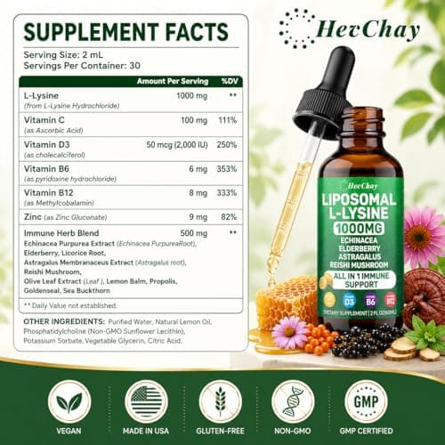 Liposomal Lysine 1000MG Liquid Drops, 16-in-1 L Lysine Supplement for Kids and Adults, Echinacea & Elderberry with Vitamin C, B6, D3, B12 & Zinc for Collagen, Lip, skin & Immune Support, 1 Pack - Thumbnail 2