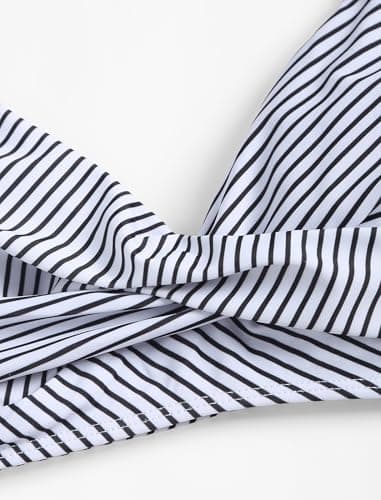 ZAFUL Women High Waisted Bikini Sets Two Piece Swimsuit Push Up Twist Front Ruched Bathing Suit Black Striped L - Thumbnail 3