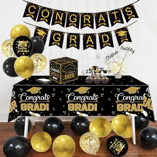2026 Black Gold Graduation Party Decorations Set - Congrats Grad Backdrop, Banner, Tablecloth, Card Box, 45 Advice Cards & Cupcake Toppers for Class of 2026 Party Supplies - Thumbnail 5