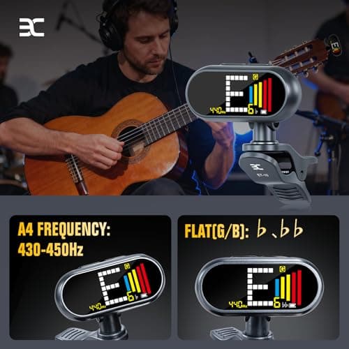 EX USB-C Rechargeable Guitar Tuner Clip On, Full Color LCD Display Chromatic Tuner for Acoustic/Electric Guitar, Bass, Ukulele & Violin, Professional Fast & Precise Pitch Detection - Thumbnail 3
