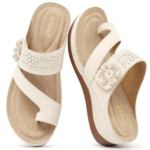 Goldnut Sandals for Women Wedge Shoes: Comfortable Orthopedic Sandals Dressy Summer Flip Flops Wedges Beige Size 7.5 - Image 1