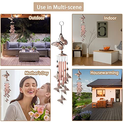 Wind Chimes for Outside, 33" Butterfly Wind Chimes Outdoor, Birthday Gifts for Women Mom Sister, Gift for Garden Porch Patio Home Decor (Golden) - Thumbnail 6