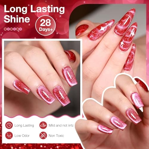 GELLAKTIK Ruby Pink Cat Eye Gel Nail Polish with Magnetic Stick - 12ML Glitter Magnetic Nail Polish for Multiple 3D Effects, Soak Off UV LED Gel Polish for DIY Manicure Salon Gifts for Women - Thumbnail 2