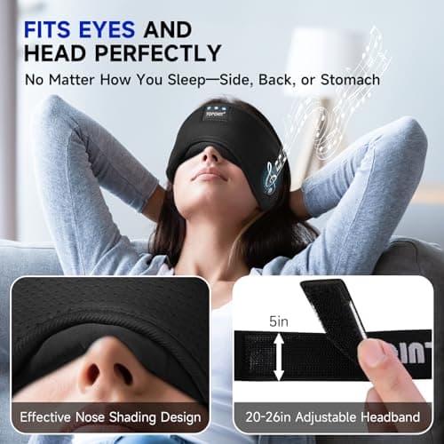TOPOINT Sleep Mask Headphones Bluetooth Wireless 5.4, Breathable Cotton Eye Mask for Sleeping Side Sleepers Travel Music Headsets with Microphone Handsfree Men Women - Thumbnail 3
