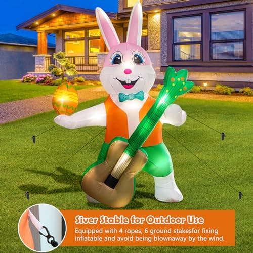 6FT Easter Inflatables Yard Decorations,Blow Up Guitar Rabbit with LED Light for Easter Decorations Clearance,Easter Holiday Party Garden Home Indoor Outdoor Lawn Decor - Thumbnail 6