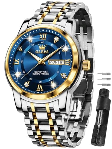 OLEVS Gold and Blue Watches for Men Big Face Dress Watch Stainless Steel Nice Fashion Blue Male Watch Diamond Waterproof Luxury Wristwatch Reloj Hombre