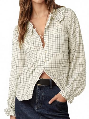 Tankaneo Womens Peter Pan Collar Button Down Shirts Long Sleeve Plaid Blouse Dressy Casual Fall Tops Beige - Image 1