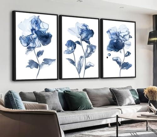 ASDCEUTICALS Aesthetic Canvas Wall Art - Framed Abstract Wall Decor Navy Blue Flowers Pictures Modern Paintings Botanical Art Prints for Living Room Bedroom Office Bathroom 20" X 28" X 3 Panels - Image 1