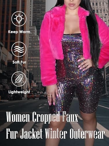 RAMOUG Women Turn Down Collar Long Sleeve Rose Red Coat Thick Overcoat Loose Short Fur Fluffy Parka Jacket Tops Deep Pink L - Thumbnail 6