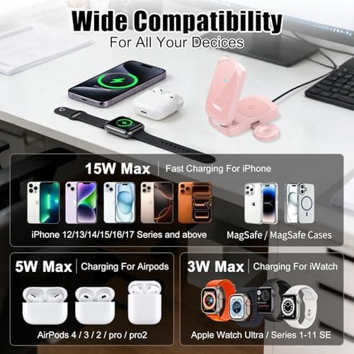 2B2C 3 in 1 MagSafe Wireless Charging Station, 15W Magnetic Fast Charger for iPhone 17/16/15/14/13/12 Series, Apple Watch & AirPods, Foldable Portable Charging Stand for Desk, Bedside & Travel, Pink - Thumbnail 2