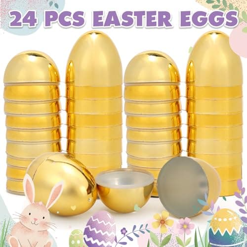 Skirfy 24PCS Golden Easter Eggs, Empty 3.15" Golden Eggs Bulk Fillable for Easter Hunt Party Favor Basket Stuffers Filler Classroom Prize Supplies Decor - Thumbnail 3
