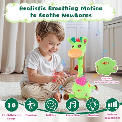 MIAODAM Dancing Giraffe Interactive Toy, Singing 10 Children's Song, Stuffed Baby Toy Repeats What You Say, Colorful Glowing Plush Toys for Toddler Easter Day Gifts for Kids (Green Giraffe) - Thumbnail 2