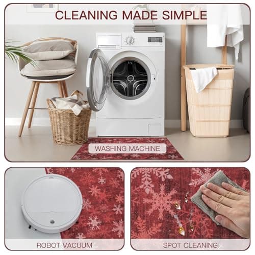 Dotiiorug Christmas Round 4Ft Washable Rugs,Low Pile Non Slip Carpet Non-Shedding Rug Soft Stain Resistant Mat for Living Room Bedroom Snowflake Red - Thumbnail 6