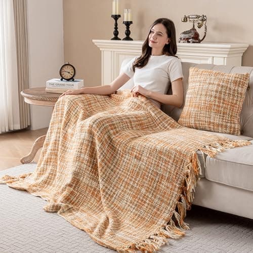 Feabuccy Soft Neon Color Knit Throw Blanket with Tassels, Cozy Boho Home Decro Throw for Sofa Couch Chair Bed, 50X60 Inch, Machine Washable, Orange Color Scheme - Image 1