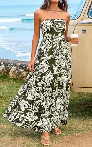 PRETTYGARDEN Spring Cocktail Dresses for Women 2026 Elegant Classy Strapless Floral Wedding Guest Dress Vacation Outfits (Army Green Beige Floral, Small) - Thumbnail 3