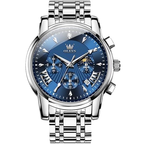 OLEVS Watches for Men Luxury Blue Face Mens Watch Classic Silver Stainless Steel Waterproof Big Face Men's Wrist Watches Unique Dress Quartz Chronograph Fashion Male Watch Relojes para Hombres