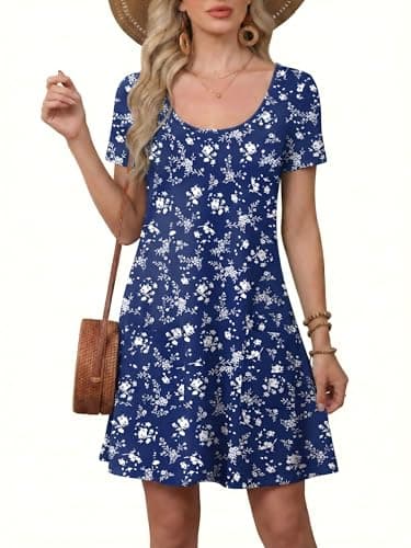 Moodclo Women Casual Summer Dresses Mist Blossom X-Large Short Sleeve Loose Tshirt Beach Sundress U Neck Swing Dress with Pockets 2026 Trendy - Image 1