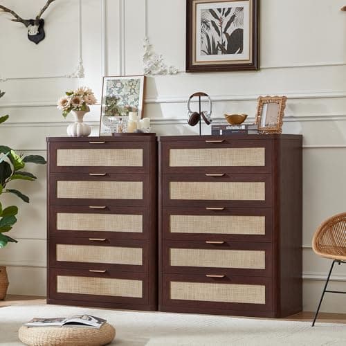 LEYAOYAO Rattan Dresser for Bedroom 41" Tall Chest of Drawers, Modern 5 Drawers Boho Dressers with Storage, Light Oak Dresser Wooden Closet Organizer for Living Room, Hallway, Retro Walnut - Thumbnail 4