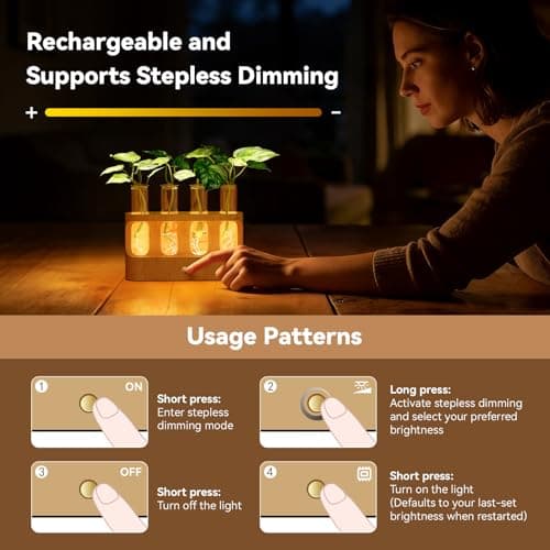 Lightalent Rechargeable Plant Propagation Station with Stepless LED Light, Wooden Stand & 4 Propagation Test Tubes, Hydroponic Plant Terrarium for Indoor Home Decor, Gift for Plant Lovers and Mothers - Thumbnail 2