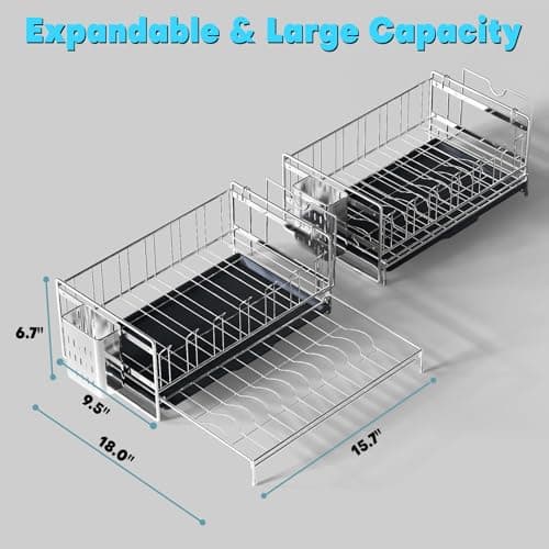 Azevix Large Dish Drying Rack, Expandable Dish Rack, 304 Stainless Steel Dish Racks for Kitchen Counter, Multifunctional Dish Drainers with Utensil Holder & Cutting Board Holder - Thumbnail 2
