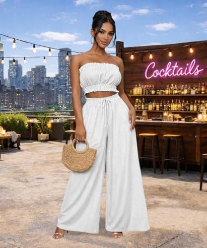 ABKY Two Piece Sets for Women Going Out Summer Off Shoulder Tube Top Palazzo Pants Set Vacation Birthday Party Date Night Outfits White XL - Thumbnail 4