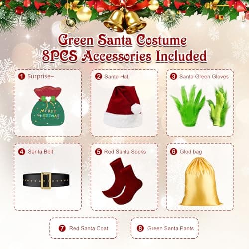 dgdgcool Christmas Green Costumes Adult, 8pcs Furry Santa Claus Costume for Men Funny Cosplay Santa Costume - Thumbnail 2