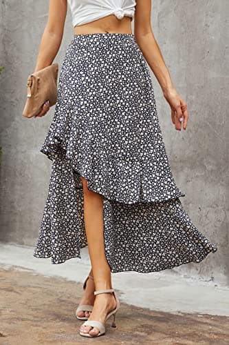BTFBM Women 2026 Spring Summer Long Skirts Dress Boho Floral Elastic Waist Split Ruffle High Low Beach Maxi Skirt Clothes(Z-Navy, Medium) - Thumbnail 5