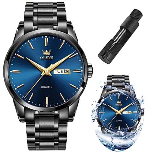 OLEVS Watch Men Black Stainless Steel Waterproof Blue Mens Watches Large Face Dress Casual Day and Date Watches for Men Luxury Wrist Watch for Man Classic Analog Quartz Reloj para Hombre
