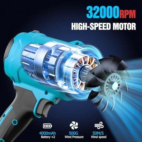 Cordless Leaf Blower, Leaf Blower Cordless with Battery and Charger, Portable Lightweight Handheld Blower, Extended Nozzle, Turbo Jet Blower for Lawn Care, Patio Cleaning, Leaves, Dust (Blue) - Thumbnail 2