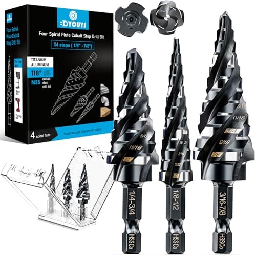 M35 Four Spiral Flute Step Drill Bit Set 1/8"-7/8"(3 pcs), 1/4" Hex Shank Unibit Step Drill bit, Impact Resistant M35 Cobalt Step Drill Bit, for Stainless Steel, Wood, Aluminum, Plastic - Image 1