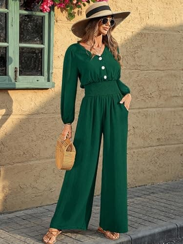 LOOKBOHO Womens Long Sleeve Jumpsuits Dressy Casual 2026 V Neck High Waist One Piece Outfits Wide Leg Romper Green X-Large - Thumbnail 6