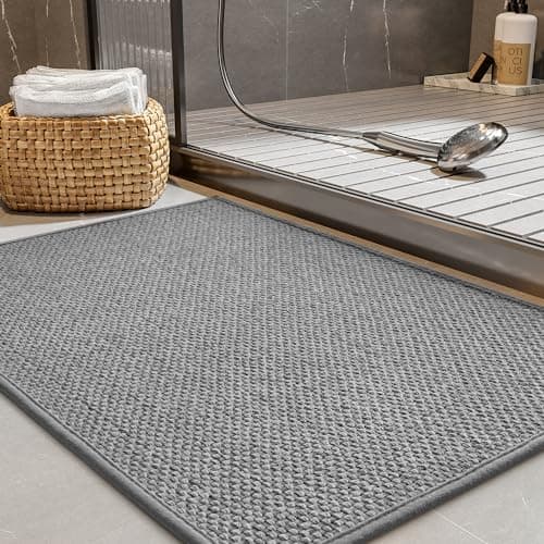 PADOOR Non-Slip Bath-Mats for Bathroom, Rubber-Backing Braided Absorbent Bathroom Mat Machine Washable Thin Bathroom Rugs Fit Under Door Quick Dry Bath Rugs for Floor, 17''x30'' Grey - Image 1