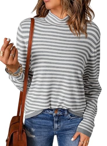Dokotoo Womens Plus Size Sweaters Casual 2026 Spring Pullover Sweater Fashion Long Sleeve Tops Sweaters Turtleneck Gray Striped Knit Jumpers Tops Sweaters X-Large - Image 1