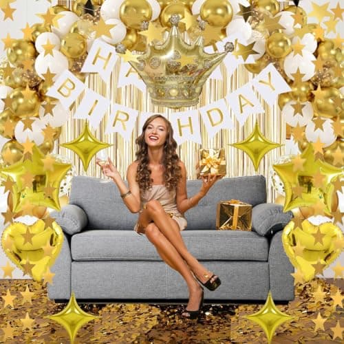Gold Birthday Decorations Set – Happy Birthday Banner, Star Garland, Crown Foil Balloon, Fringe Curtain Backdrop, Table Cover, Cake Topper, Confetti &Latex Balloons for Boys Girls Men Women Party - Thumbnail 3