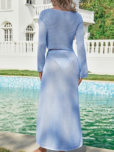 Saodimallsu Womens Crochet Beach Cover Ups Set 2 Piece 2026 Boat Neck Crop Long Sleeve Tops High Slit Maxi Skirt Sets Sky Blue - Thumbnail 6