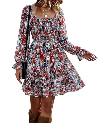 BTFBM Womens Long Sleeve Dress Vacation Square Neck Smocked Floral Swiss Dot Mini Boho Fall Wedding Guest Dresses 2025(Print Flower Red, Small) - Image 1