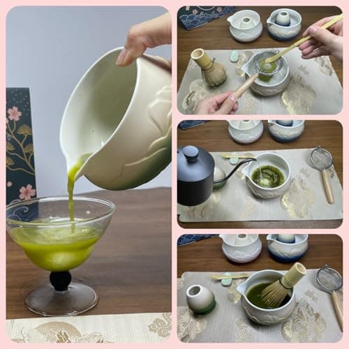 Losyslnt 7 Pcs Matcha Whisk Set - Complete Matcha Kit Set Includes Matcha Bowl with Spout, Bamboo Whisk with Holder, Scoop, Sifter, Scoop Holder, Tea Towel - Ideal Gift for Matcha Lovers (B-Green) - Thumbnail 5