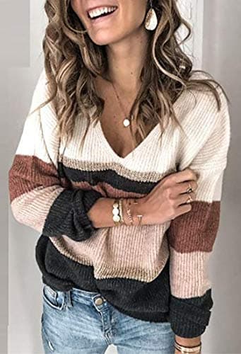 Angashion Women's Sweaters Casual Long Sleeve Crewneck Color Block Patchwork Pullover Knit Sweater Tops 2077 Wine Red M - Thumbnail 4