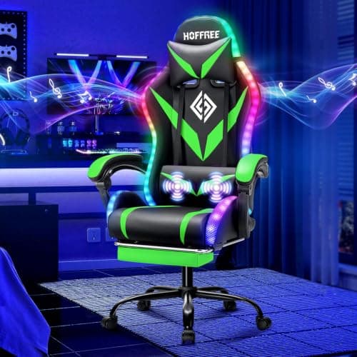 HOFFREE Gaming Chair with Bluetooth Speakers and Led Lights Massage Computer Gamer Chair with Footrest Ergonomic Video Game Chair for Adults Green and Black