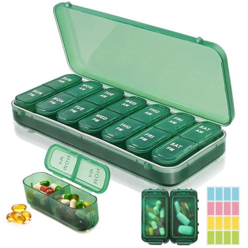 LOBIUTIYA Weekly Pill Organizer 2 Times a Day + 2 Detachable Pill Organizers kit - AM PM Travel Pill Organizer for Vitamin Medicine Supplement Fish Oil, Green Daily Pill Case 2 Times a Day - Image 1