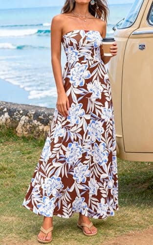 PRETTYGARDEN Women's Floral Maxi Dress 2026 Boho Off Shoulder Backless Flowy Spring Wedding Guest Dresses Long Sundress (Brown White Floral, Medium) - Thumbnail 2