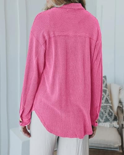 PRETTYGARDEN Women's Button Down Shirts 2026 Spring Long Sleeve Textured Tops Oversized Shacket Jacket Knit Blouses(Rose Red,Small) - Thumbnail 5