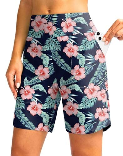 Viodia Women's 7" Swim Board Shorts High Waisted Modest Swimsuit Bathing Suit Beach Swimming Trunks for Women with Pockets Navy Flower - Image 1